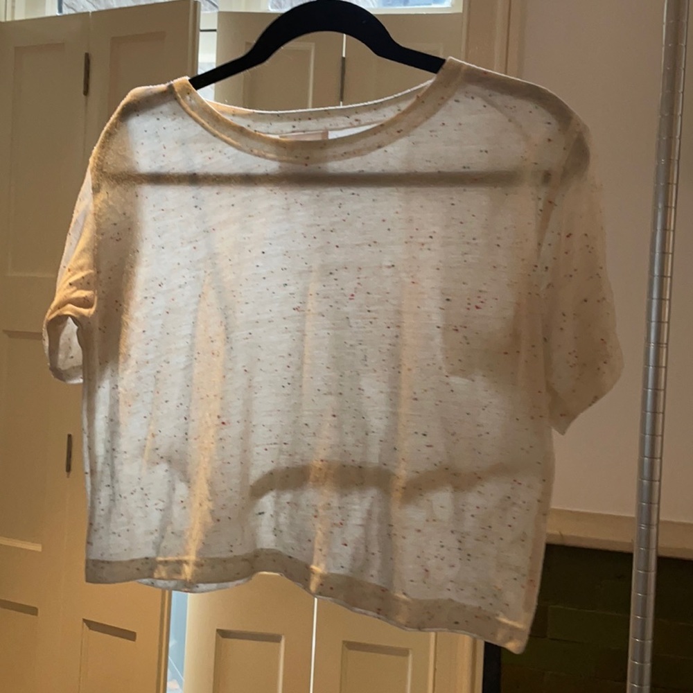 JF&Sons short sleeved crop top, cream with light multicolored spots.